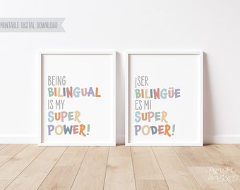 Set of 2 Pastel Bilingual English/Spanish Prints for Bedroom, Playroom, Home School, Classroom, Wall Art, Being Bilingual is my Super Power