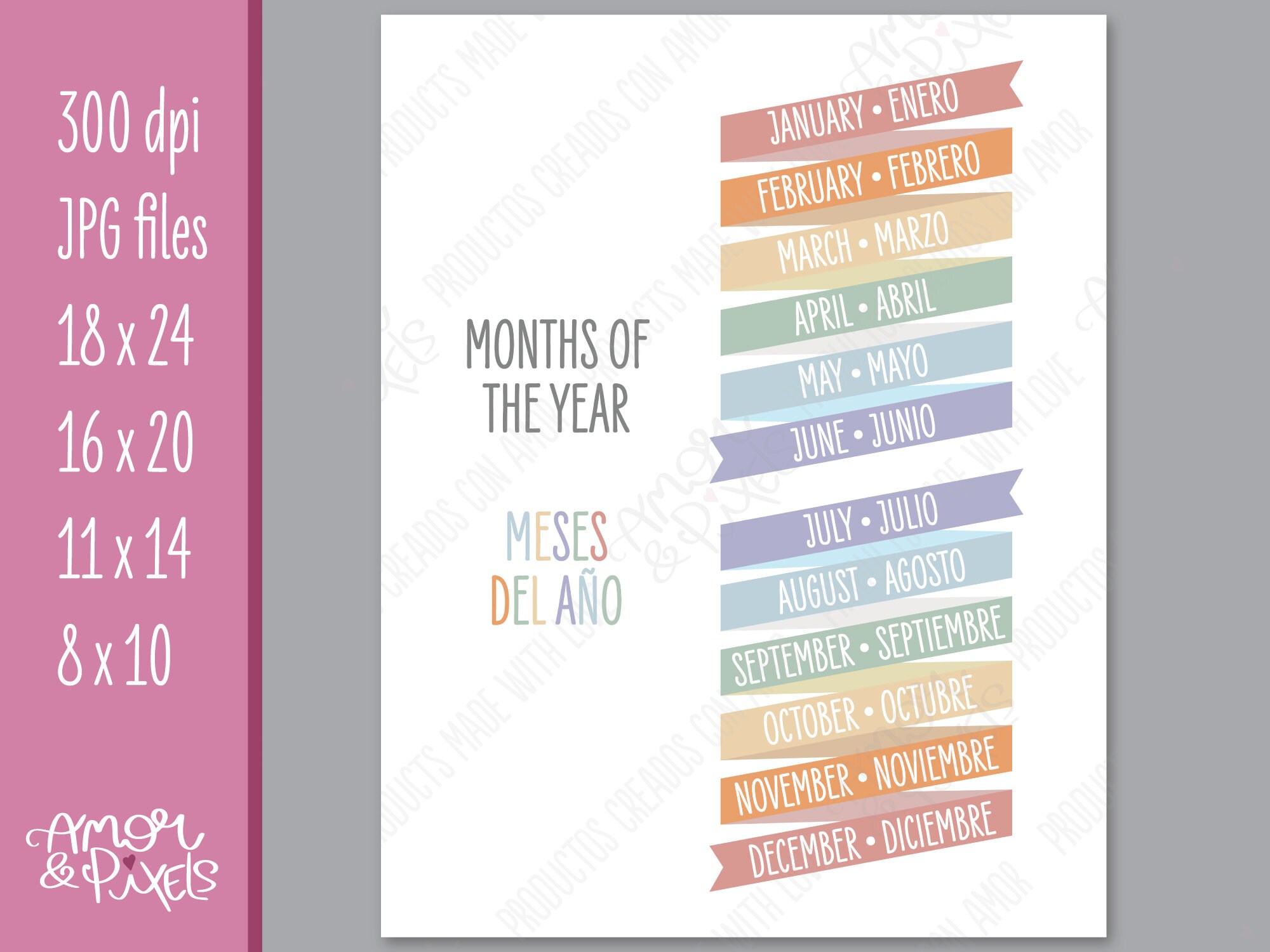 Pastels Months of the Year Digital Print in English/spanish for Bedroom ...