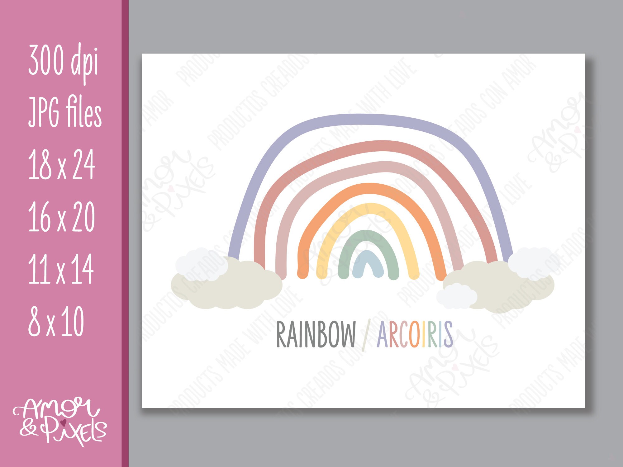 Pastell Regenbogen Digitaldruck auf Englisch und Spanisch für Etsy