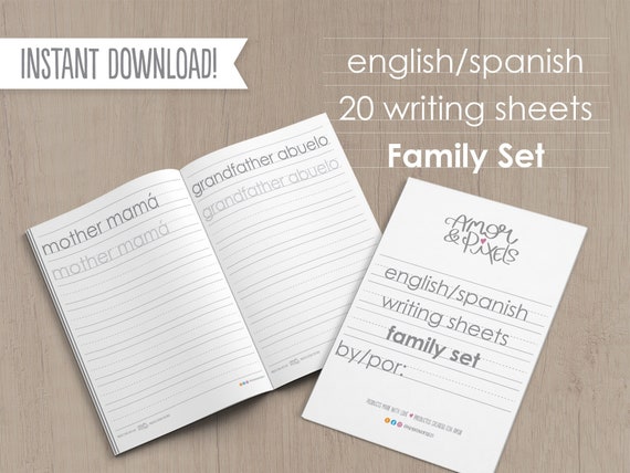 english and spanish writing worksheets family set etsy