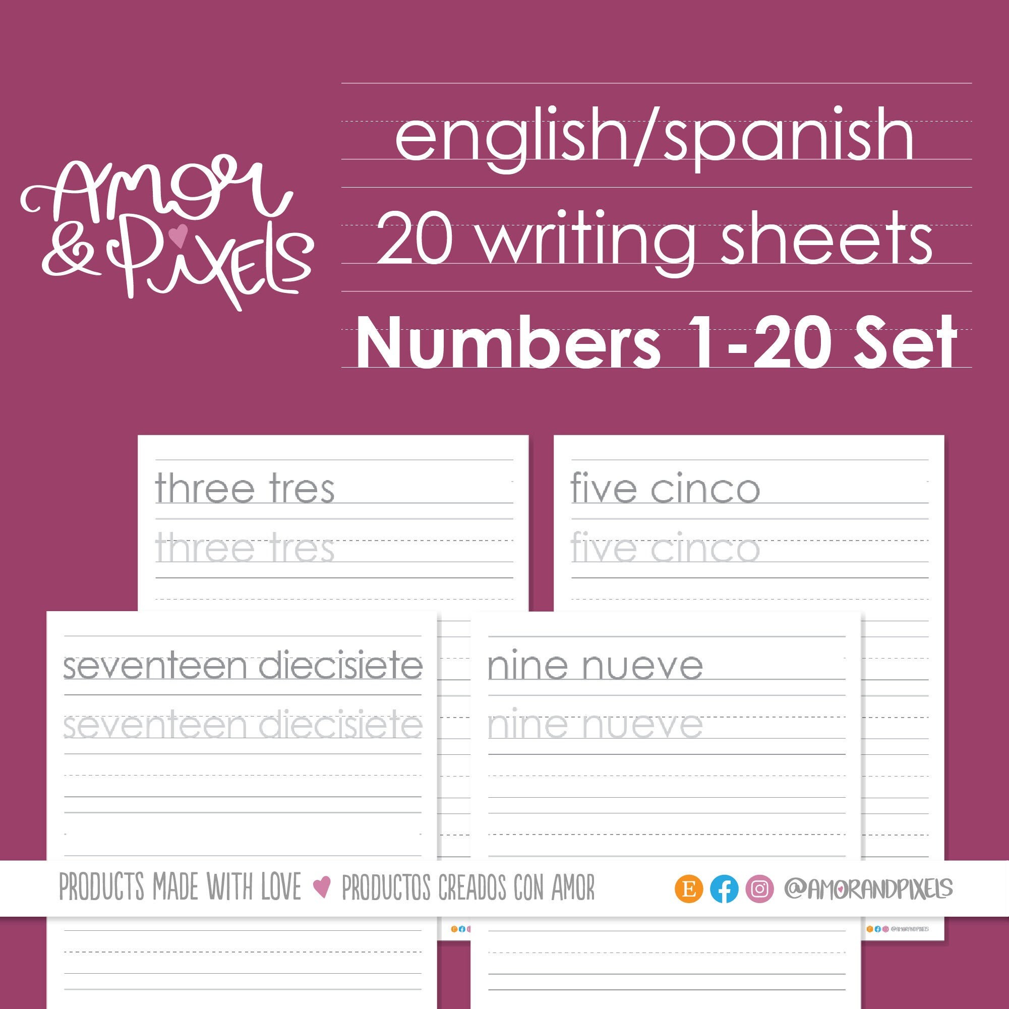english and spanish writing worksheets numbers 1 20 set etsy