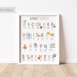 Bilingual Alphabet Digital Print in English and Spanish for Bedroom, Nursery, Playroom or Home School. Classroom Prints, Wall Art.