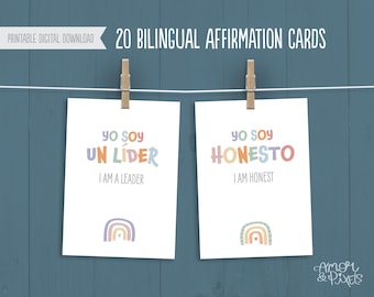 20 Bilingual affirmation printable cards for children, Spanish affirmation cards, inspirational cards for homeschool and classroom