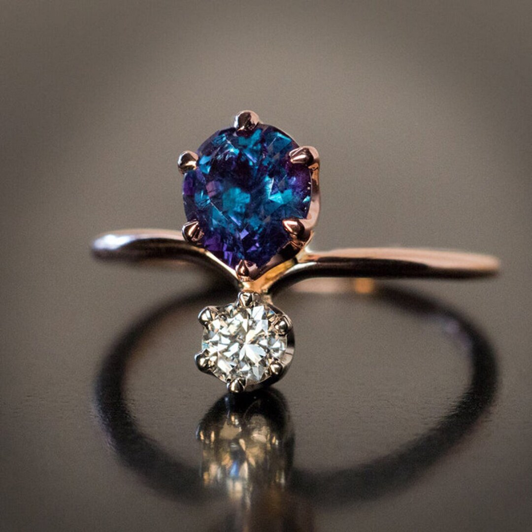 Blue Stone Gold Ring Round Diamond Diamond Ring Engagement - Etsy