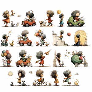 May include: A whimsical watercolor illustration featuring a series of vignettes with a child and various animals. The child is depicted in different scenes, such as driving a car, walking a dog, and riding a watermelon cart. The color palette includes warm tones.