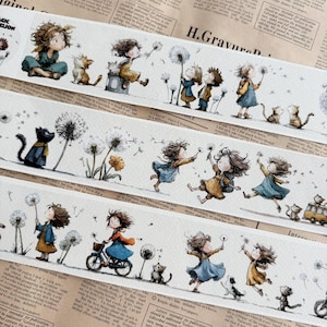 May include: Decorative washi tape featuring whimsical illustrations of children with dandelions and cats. The tape has a watercolor style with soft colors. The background is a newspaper print. The tape is perfect for scrapbooking and crafts.