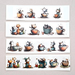 May include: Watercolor illustrations of cats in teacups and teapots. The cats are depicted in various poses, some sitting, some standing, and some bathing in the cups. The color palette includes shades of brown, blue, and orange.