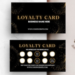 Luxury Loyalty Card, DIY black and gold loyalty card, beauty loyalty card, editable loyalty card, diy punch card, custom Canva reward card