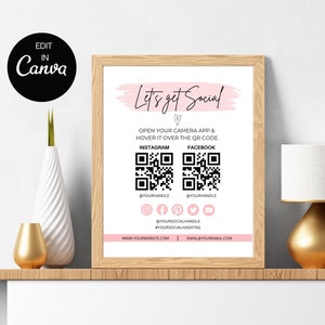 Social Media Sign Template, Let&#39;s Get Social Sign, Small Business Sign, QR Code Sign, Facebook, Instagram Sign, Follow Us on Social Media