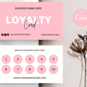Loyalty Card Template, Modern Customer Loyalty Card, Pink Rewards Card, Editable Rewards Card Design, Printable Loyalty Cards, Canva DIY