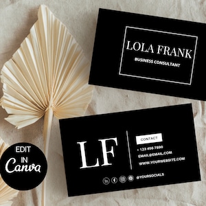 Editable Minimalist Business Card, Black Business Card Template, Modern Professional Business Card, DIY Canva Business Card Instant Download