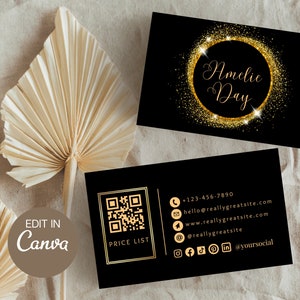 Business Card Template, Black Gold Editable Business Card, Beauty Business Card, Feminine Salon Card, Lash Tech Card, Canva Template diy