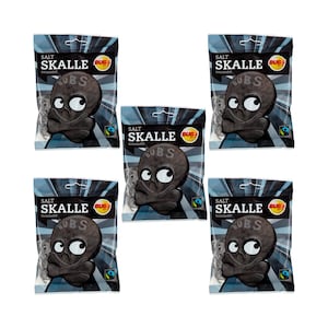 5-pack Bubs Salt Skulls 90 g – Zweeds zoute zoethoutschedelsnoep – Veganistische Scandinavische lekkernij – glutenvrij – halal