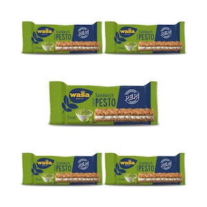 Sándwich de pesto Wasa (paquete de 5) (187 g), pan integral crujiente con relleno de pesto sabroso, un refrigerio saludable