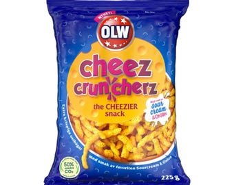 OLW Cheez Cruncherz Sourcream and Onion 225g, Swedish Cheese Snacks, Ostbågar