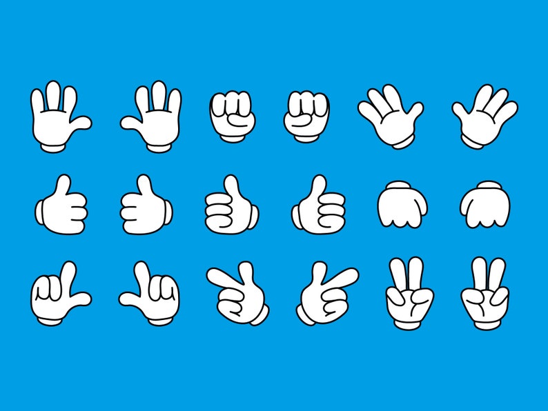 May include: A set of 12 white cartoon hand gestures, including a fist, thumbs up, peace sign, and other common hand signals.