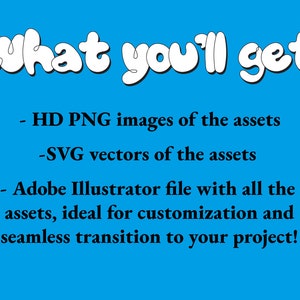 May include: Text that reads "What you'll get:" followed by a list of digital assets included in a purchase: high-resolution PNG images, SVG vectors, and an Adobe Illustrator file.