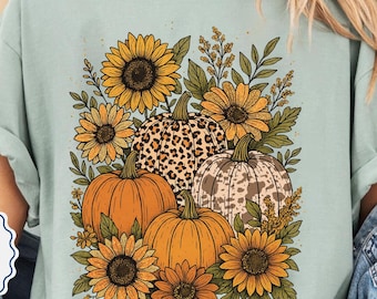 Comfort Colors® Floral Pumpkin Shirt, Fall Shirt, Rustic Coquette Fall Aesthetic Shirt, Leopard and Dotty Pumpkins for Autumn Vibes, Floral