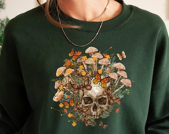 Bloom Skull Shirt, Mushroom Shirt, Halloween Shirt, Mushroom And Skull, Floral Skull Shirt, Womens Fall Shirts, Flower Skull Skeleton Shirt