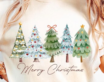 Árboles alegres y brillantes, camiseta navideña para mujer, camiseta festiva para mujer, regalo de Navidad, camiseta elegante de invierno, camiseta festiva linda, camiseta con árbol de Navidad