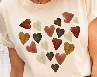 Artsy Melanin Skin Tone Kindness Watercolor Hearts Soft Graphic Tees, Valentines Day Shirt, Watercolor Heart Shirt, Heart Valentines Shirts