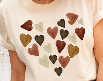 Artsy Melanin Skin Tone Kindness Watercolor Hearts Soft Graphic Tees, Valentines Day Shirt, Watercolor Heart Shirt, Heart Valentines Shirts