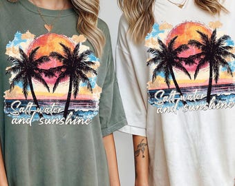 Comfort Colors® Salt Water and Sunshine T-shirt,Salty Mom,Trendy Summer Shirts,Beach Tee,Retro Beach Girl Shirt,Palm Tree Shirt,Sunset Shirt