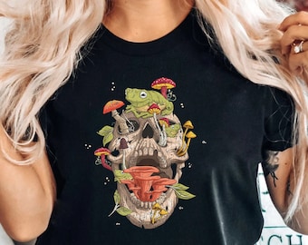 Retro Frog And Mushroom Shirt, Halloween Mushroom Skull Shirt, Hippie Shirt, Plant Shirt, Nature T-shirt, Vintage Plant Shirt, Froggy Shirt