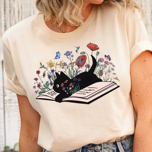 Floral Cat Shirt, Cat Lover T-shirt, Cat Book Shirt, Cat Lover Gift, Gift for Her, Cat Mom Shirt Gift, Cute Cat Shirts, Cute Book Cat Tshirt