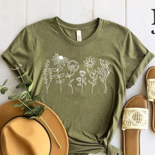 Wildblumen-Shirt, Wildblumen-T-Shirt, Blumen-Shirt, botanisches Shirt, Blumen-Shirt, Naturliebhaber-Shirt, Damen-Shirts, Damen-T-Shirts, Flover-T-Shirt