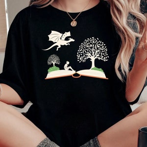 Girl and Dragon Book Shirt, Reading Book Shirt, Gift For Bookworms, Booksellers Gift, Fantastic Book Lover T-Shirt, Dragon And Book Shirt,