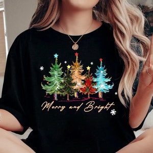 Merry and Bright Trees, Women's Christmas Shirt, Womans Holiday Shirt,Christmas Gift,Chic Winter Shirt,Cute Holiday Tee,Christmas Tree Shirt