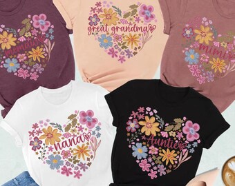 Floral Heart Mother Shirt, Double Heart Shirt, Your Name Heart Line Shirt, Custom Grandma Shirt, Personalized Mom Shirt, Floral Mama T-shirt