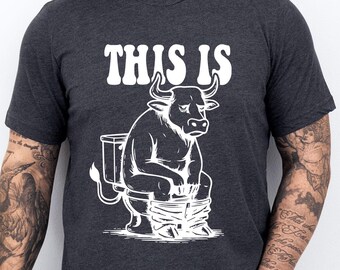 Funny Bull T-shirt, Line Art Tee, Animal Lover Gift, Funny Bull on Toilet Shirt, Joke Tshirt, Line Art Shirt, Idea for Man Gift, For Husband