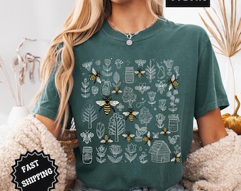 Comfort Colors® Vintage Bee Botanical T-Shirt, Honeycomb Doodle Shirt, Unique Honey Bees Shirt, Bee Lovers Tee, Bumblebees Shirt, Bee Shirt