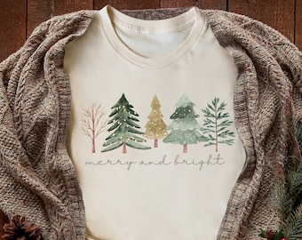 Merry and Bright Trees, Women's Christmas Shirt, Womans Holiday Shirt,Christmas Gift,Chic Winter Shirt,Cute Holiday Tee,Christmas Tree Shirt