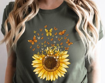 Sunflower Butterfly Shirt, Butterfly Tee, Mothers Day Gift Shirt, Sunflower Shirt, Floral Tshirt, Flowers Gift T-shirt, Botanical Tee,Flower