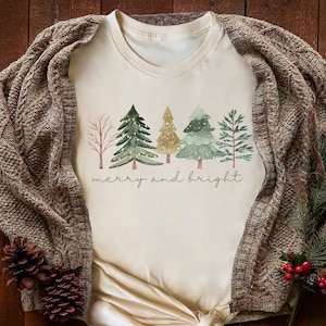 Merry and Bright Trees, Women&#39;s Christmas Shirt, Womans Holiday Shirt,Christmas Gift,Chic Winter Shirt,Cute Holiday Tee,Christmas Tree Shirt