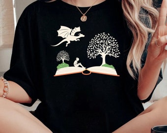 Girl and Dragon Book Shirt, Reading Book Shirt, Gift For Bookworms, Booksellers Gift, Fantastic Book Lover T-Shirt, Dragon And Book Shirt,