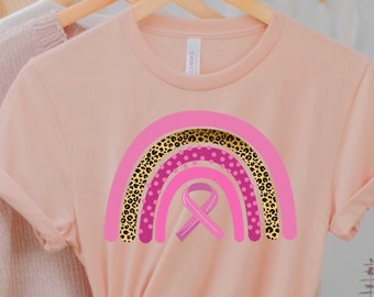 Leopard Rainbow Breast Cancer Pink Ribbon Shirt For Women, Cancer Awareness Gift, Cancer Warrior Tee, Motivational Shirt, Cancer Fighter Tee