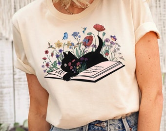 Floral Cat Shirt, Cat Lover T-shirt, Cat Book Shirt, Cat Lover Gift, Gift for Her, Cat Mom Shirt Gift, Cute Cat Shirts, Cute Book Cat Tshirt
