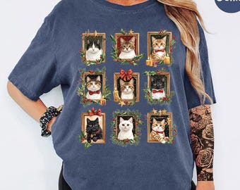 Comfort Colors® Vintage Christmas Cat Shirt, Coquette Cat Mom Gallery Tee, Retro Holiday Cat Portrait Sweatshirt, Ugly Xmas Gift