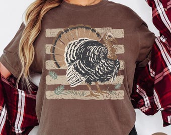 Comfort Colors® Retro Turkey Shirt, Cozy Long Sleeve Fall Shirts for Women, Turkey Hunting Season, Fall Preppy Stripe Thanksgiving T-Shirts