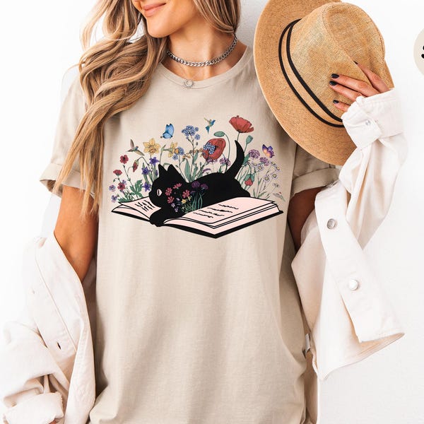 Floral Cat Shirt, Cat Lover T-shirt, Cat Book Shirt, Cat Lover Gift, Gift for Her, Cat Mom Shirt Gift, Cute Cat Shirts, Cute Book Cat Tshirt