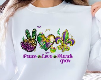 Peace Love Mardi Gras Shirt, Mardi Gras Shirt, Peace Shirt, Love Shirt, Mardi Gras T shirt, Mardi Gras Tee, Mardi Grass Faux Glitter T-shirt