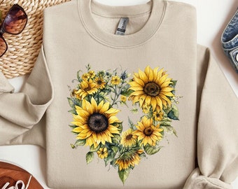 Sunflower Sweatshirts, Floral Long Sleeve Sunflower Sweatshirt, Flower Sweatshirt, Womens Sweatshirts, Trendy Sunflower Fleece Top For Women