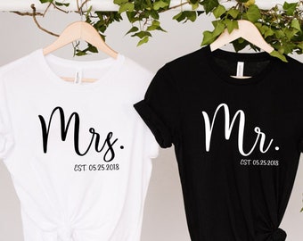 Personalized Mr And Mrs, Custom Wifey And Hubby Shirt, Bride And Groom Est, Wife And Husband Shirts, Just Married T-shirt, Honeymoon T-shirt