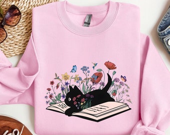 Floral Cat Sweatshirt, Cat Lover Shirt, Cat Book Shirt, Cat Lover Gift, Gift for Her, Cat Mom Shirt Gift,Cute Cat Shirts,Cute Book Cat Shirt