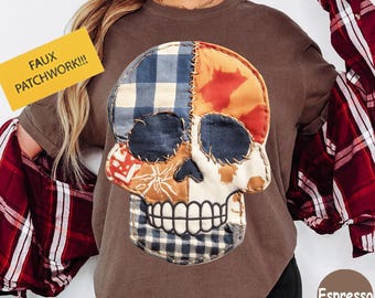 Comfort Colors® Patchwork Skull Shirt, Halloween Country Western Tee, Spooky Fall Graphic Sweatshirt, Vintage Distressed Skull Tee