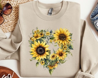 Sunflower Sweatshirts, Floral Long Sleeve Sunflower Sweatshirt, Flower Sweatshirt, Womens Sweatshirts, Trendy Sunflower Fleece Top For Women
